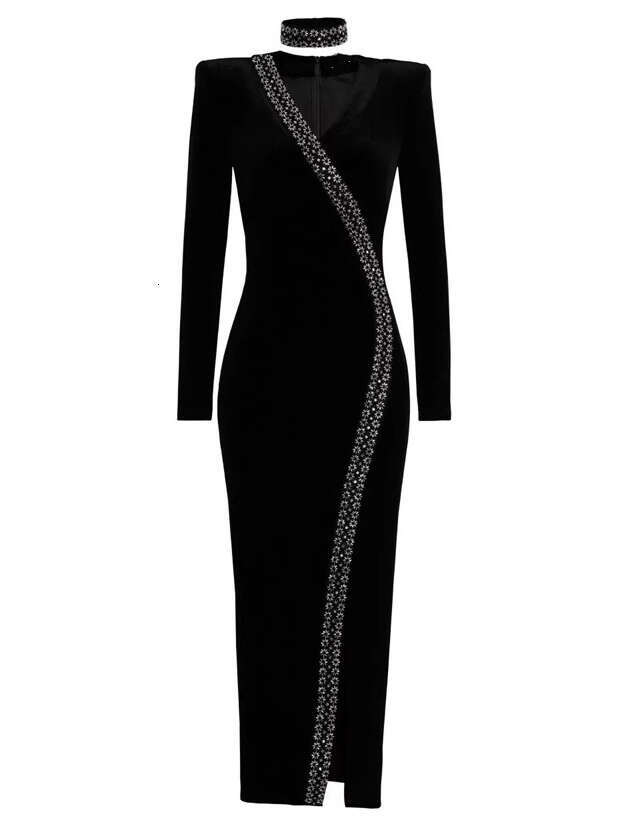 2026 Autumn/Winter European and American Fashion Handmade Beaded Light Luxury Sexy Velvet Slimming Long A1 Dress Annual Party Dress