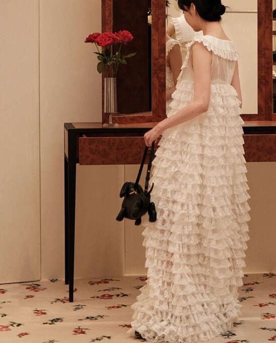 2026 Designer Trendy Celebrity Same Style Women's Princess Sweet Fairy Round Neck Sleeveless Lace a3 Cake Long Dress