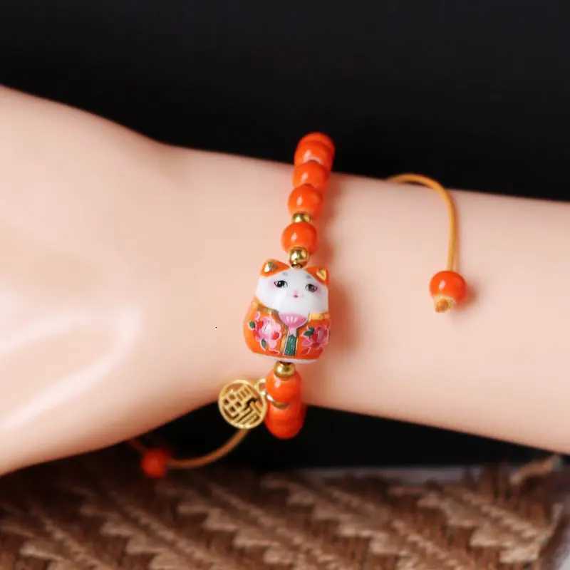 b03 Chinese Style Cute Ceramic Fortune Cat Fu Bracelet Originality Fortune Men Women Red String Bracelet Fashion Jewelry H260228