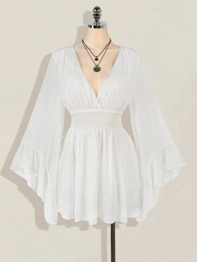 Casual Dresses Elegant Solid Color Trumpet Sleeve V-neck Waist Dress Sexy And Fashion Women's Skirt