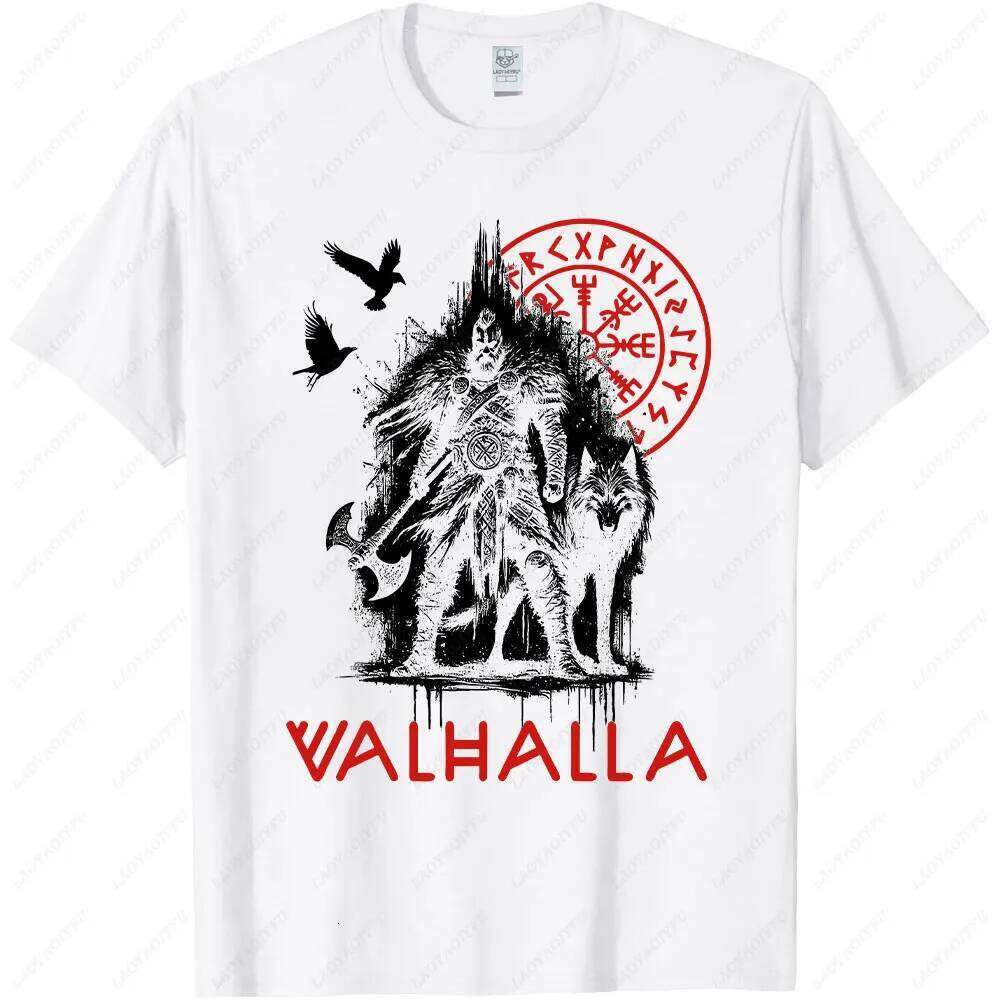 Valhalla Wolf and Raven Viking Runes Norse Compass T-Shirt Warrior Culture Tshirt Retro Pattern Men Crewneck Cotton Tee Top C260228 - view 4