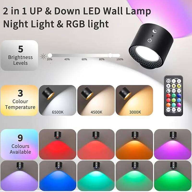 9 Colors 360 Rotation Wall Mounted Night Lights RGB LED Up Down Remote Rechargeable Wireless Reading Bedroom Lamp Z260227