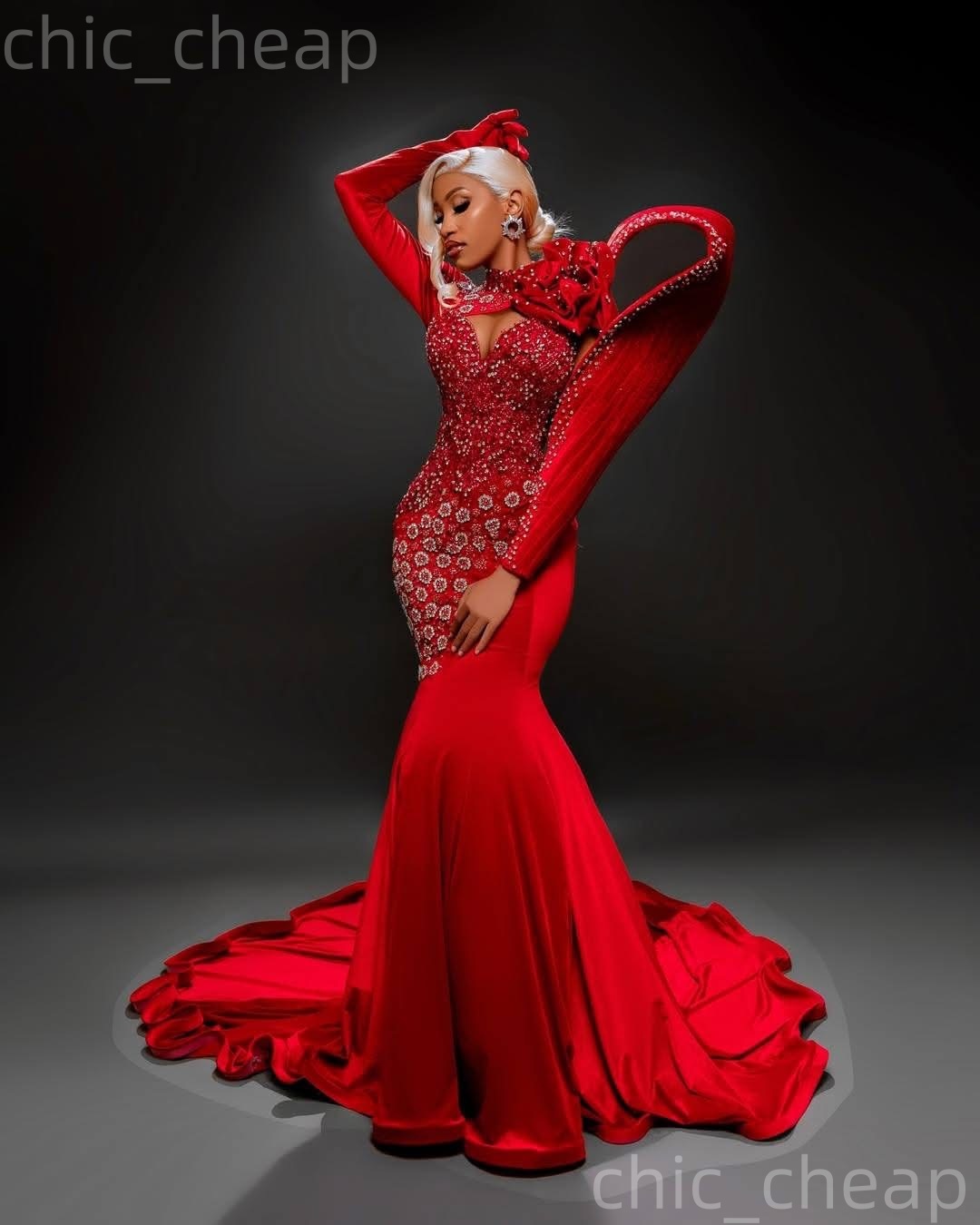 2k26 Red 2026 Prom Dress Mermaid Beaded Crystals Flowers Satin Stylish Evening Dresses For Black Women Birthday Party Formal Receiption Gowns Dresses 
