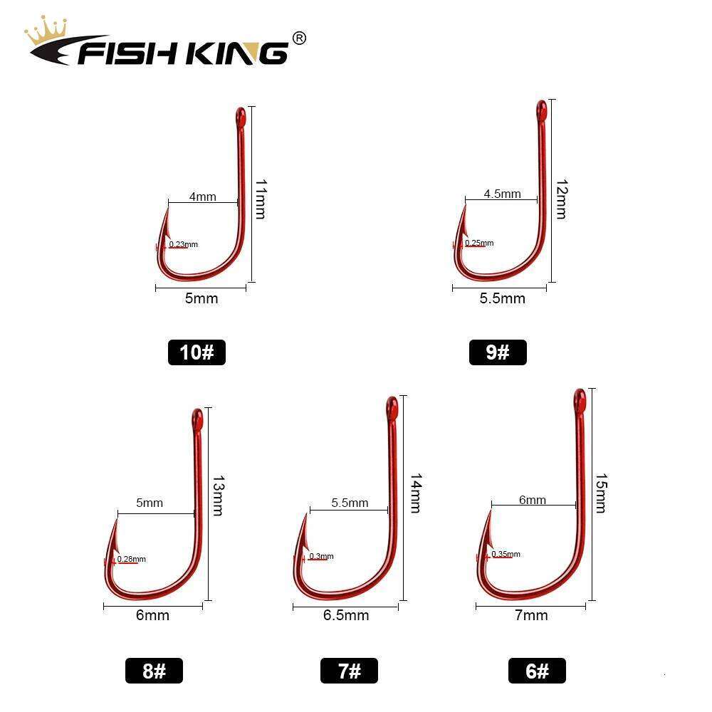 FISH KING Fishing 50pcs/100pcs 6#-10# Barbed High Carbon Steel Red With eyes Bent Baitholder Ringed Carp Hook Tackle Z260228