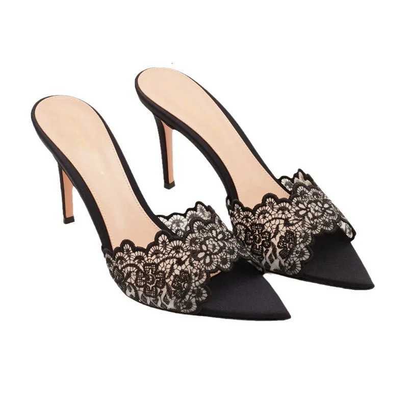 Elegant Womens Gold Lace Pumps Pointed Toe Slip High Heel Mules FAshion Stiletto Shoes for Party Wedding K260228