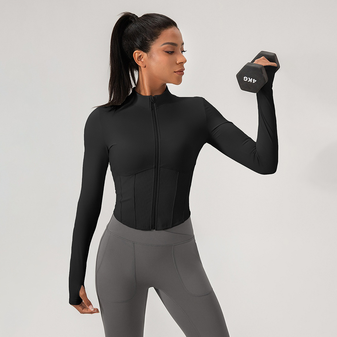 Women Airbrush Corset Full Zip Jacket Solid Color Gym Yoga Fitness Slim Outwear