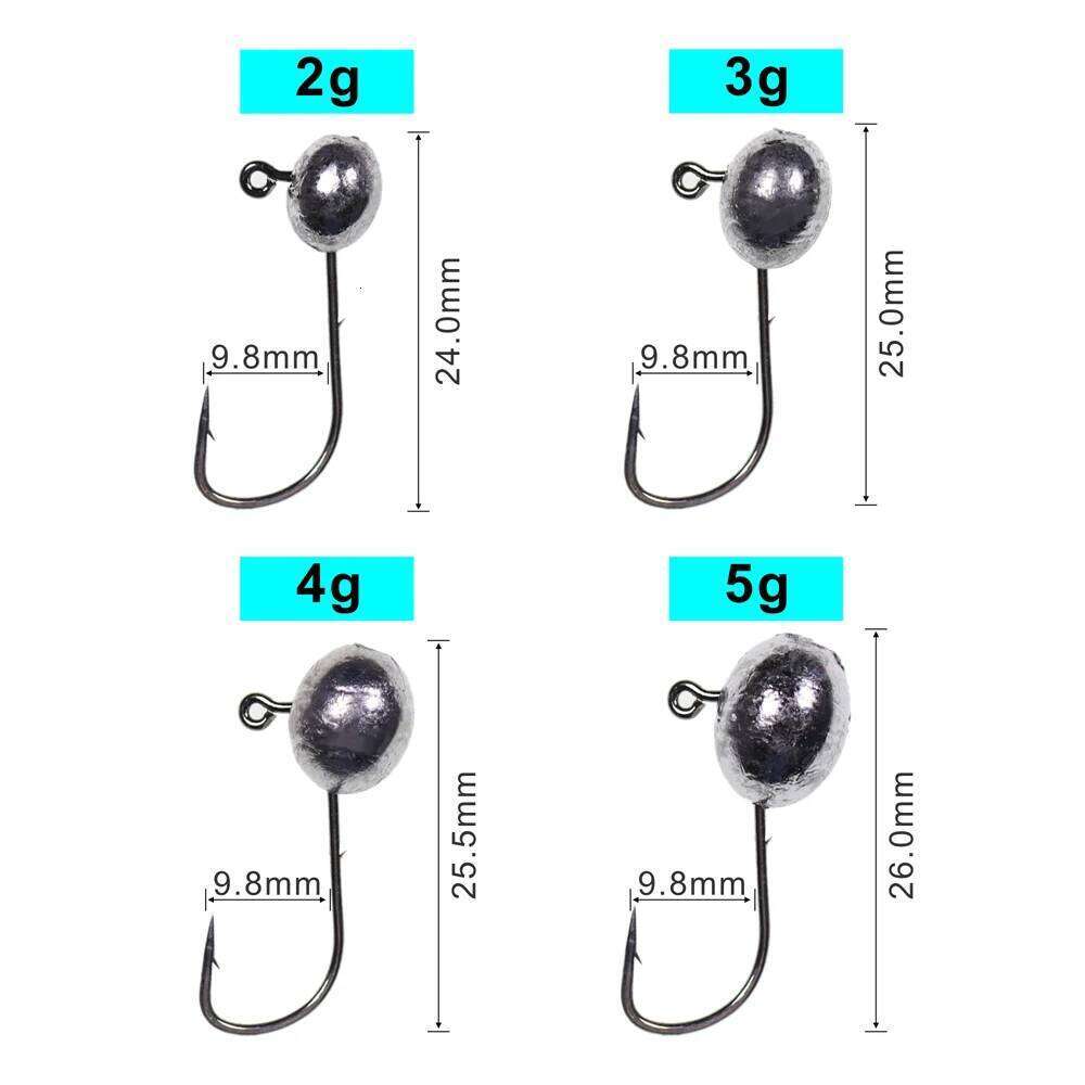 ICERIO 10PCS 2g 3g 4g 5g Oval Shape Ball Weighted Jig Head Double Barbed Soft Worm Lure Hook For Fishing Z260228