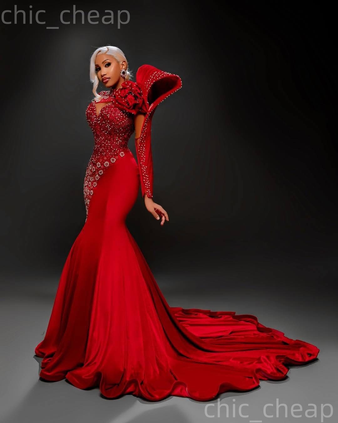 2k26 Red 2026 Prom Dress Mermaid Beaded Crystals Flowers Satin Stylish Evening Dresses For Black Women Birthday Party Formal Receiption Gowns Dresses 