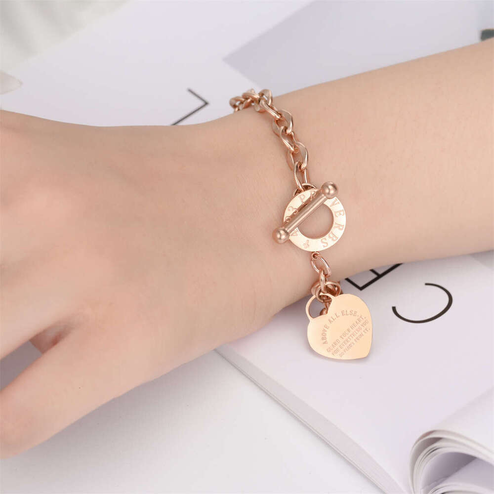 Heart-shaped OT clasp titanium steel bracelet for women, fashionable, versatile, unique design, non-fading, with English short phrase - view 5