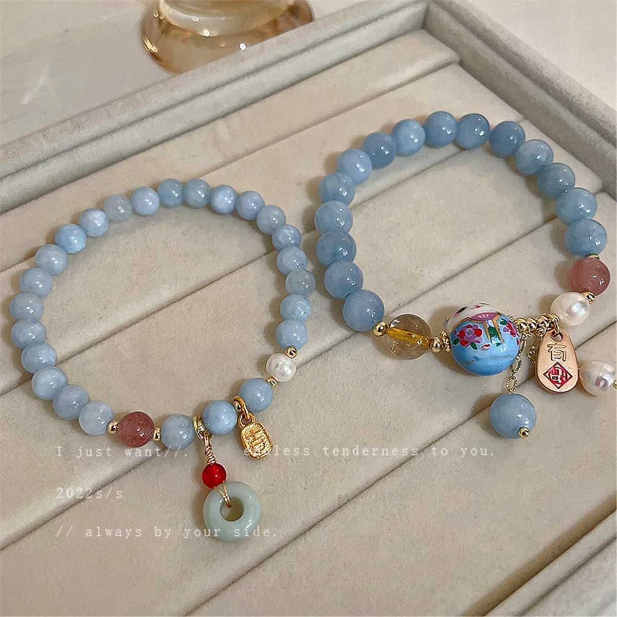b24 Cat Charm Versatile Lovely Ceramic Woven Bracelet Blue Anime Ins Pendant Rope Chain Ulzzang Cartoon Jewelry Gift Wholesale H260228