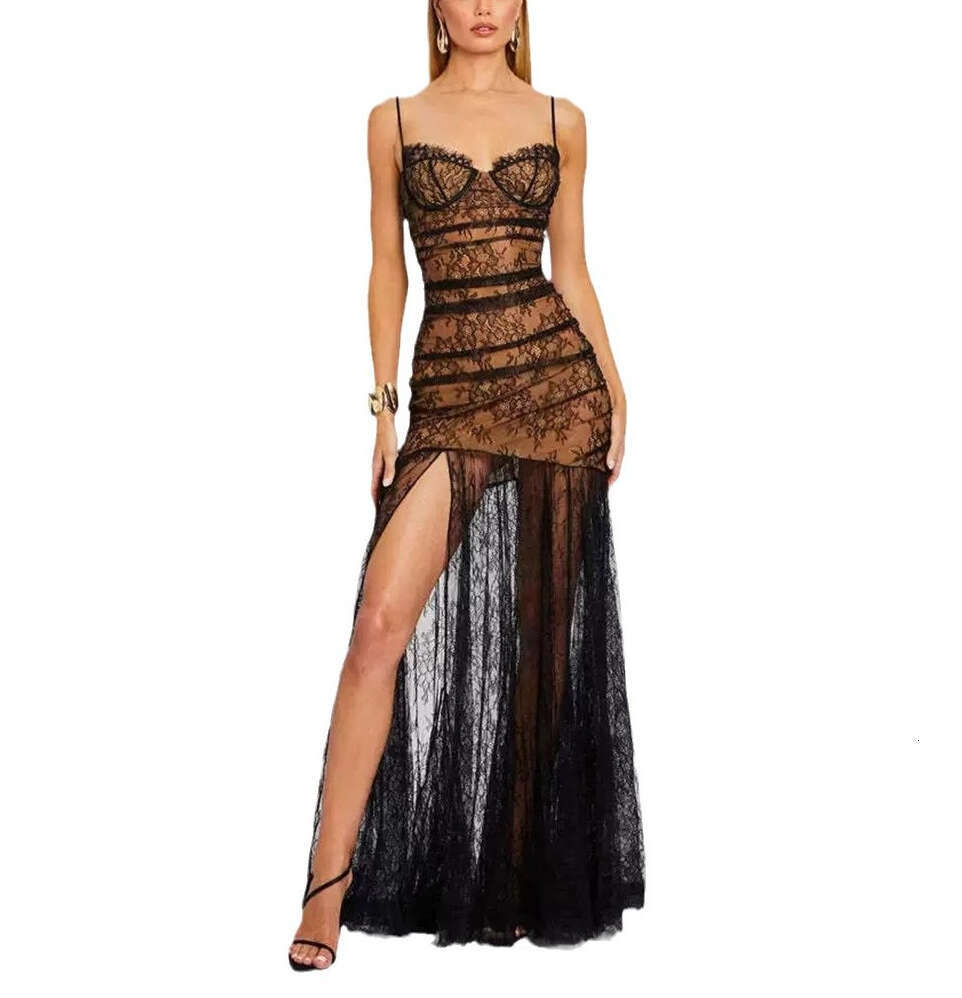 2026 spring/summer European and American niche sexy lace up mesh lace slimming vacation style elegant long A1 skirt for women