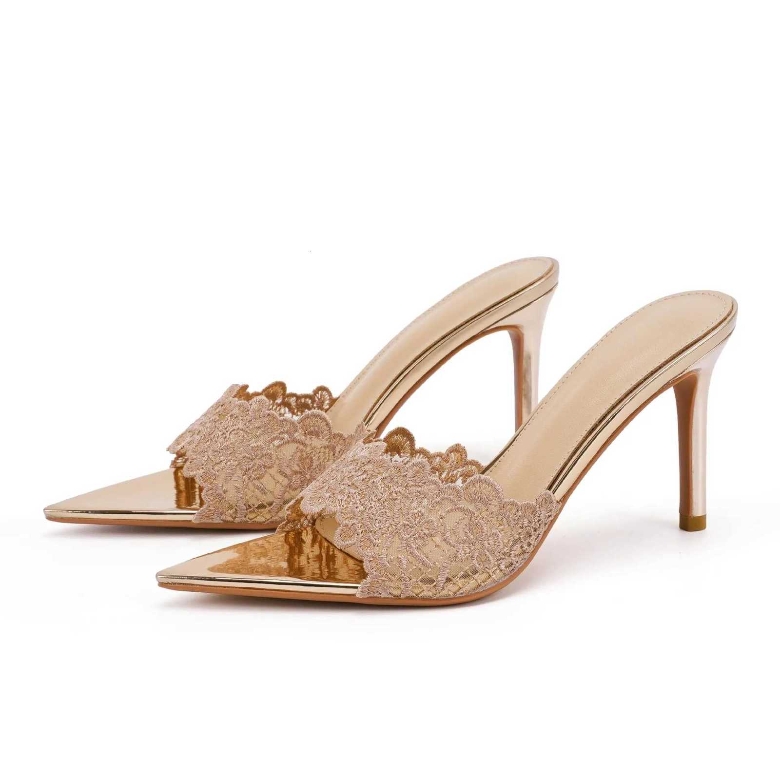 Elegant Womens Gold Lace Pumps Pointed Toe Slip High Heel Mules FAshion Stiletto Shoes for Party Wedding K260228