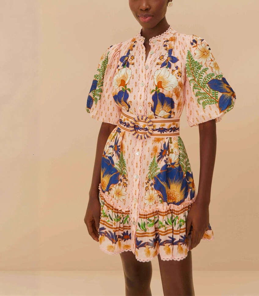 2026 new a3 women's niche design, painted printed bubble sleeves, sweet and loose tie dye short skirt