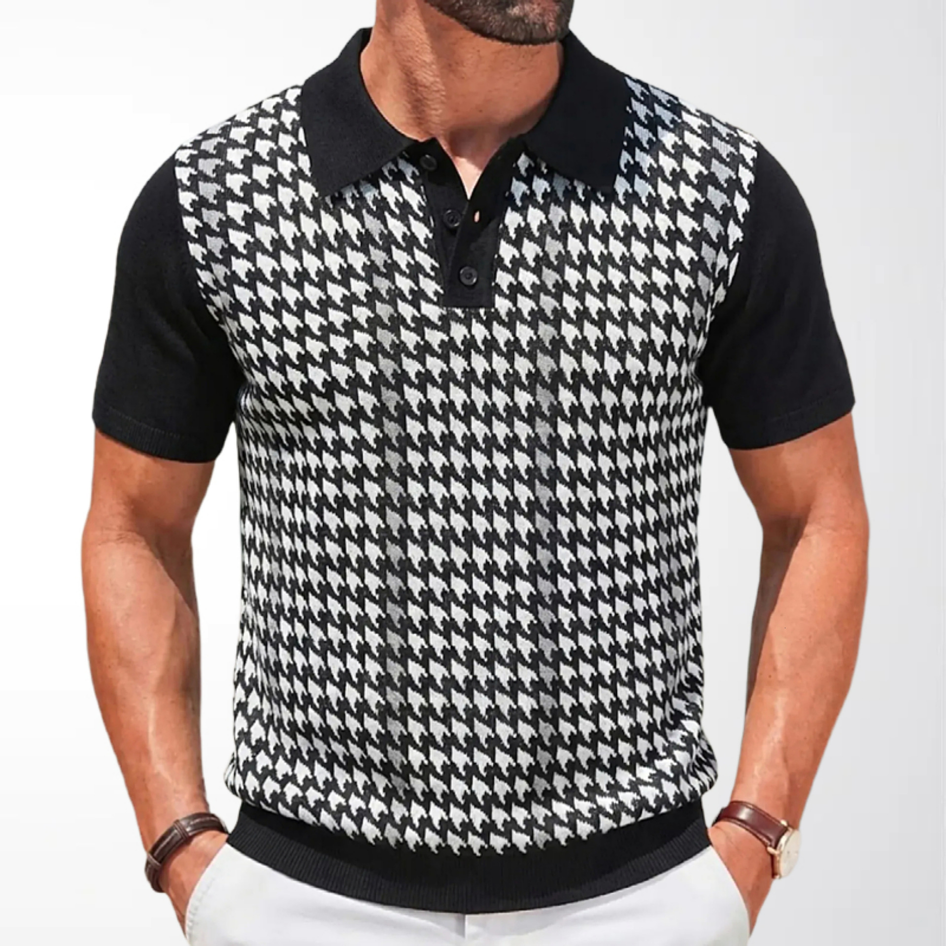 Luxury Brand Designer Clothes Men's Fashion European And American Summer High-End Cool Silk Knitwear Houndstooth Jacquard Business Polo Shirt Sy0