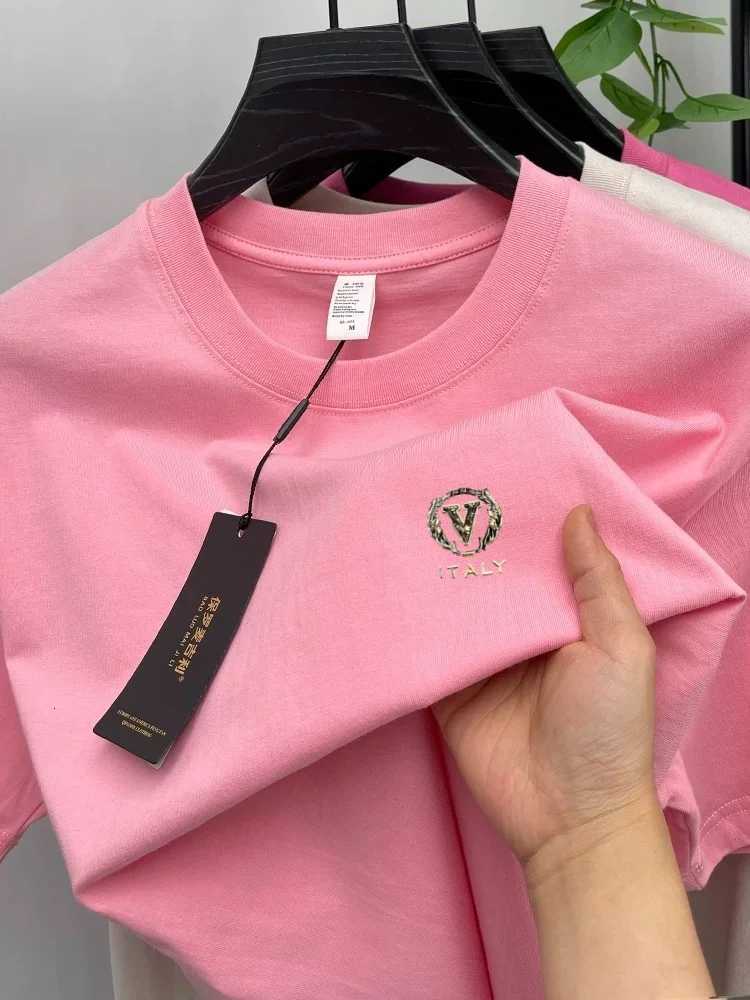 Men's 100% Cotton Letter Embossed T-Shirt Luxury High-End Summer Round Neck Comfort Breathable TopT260228