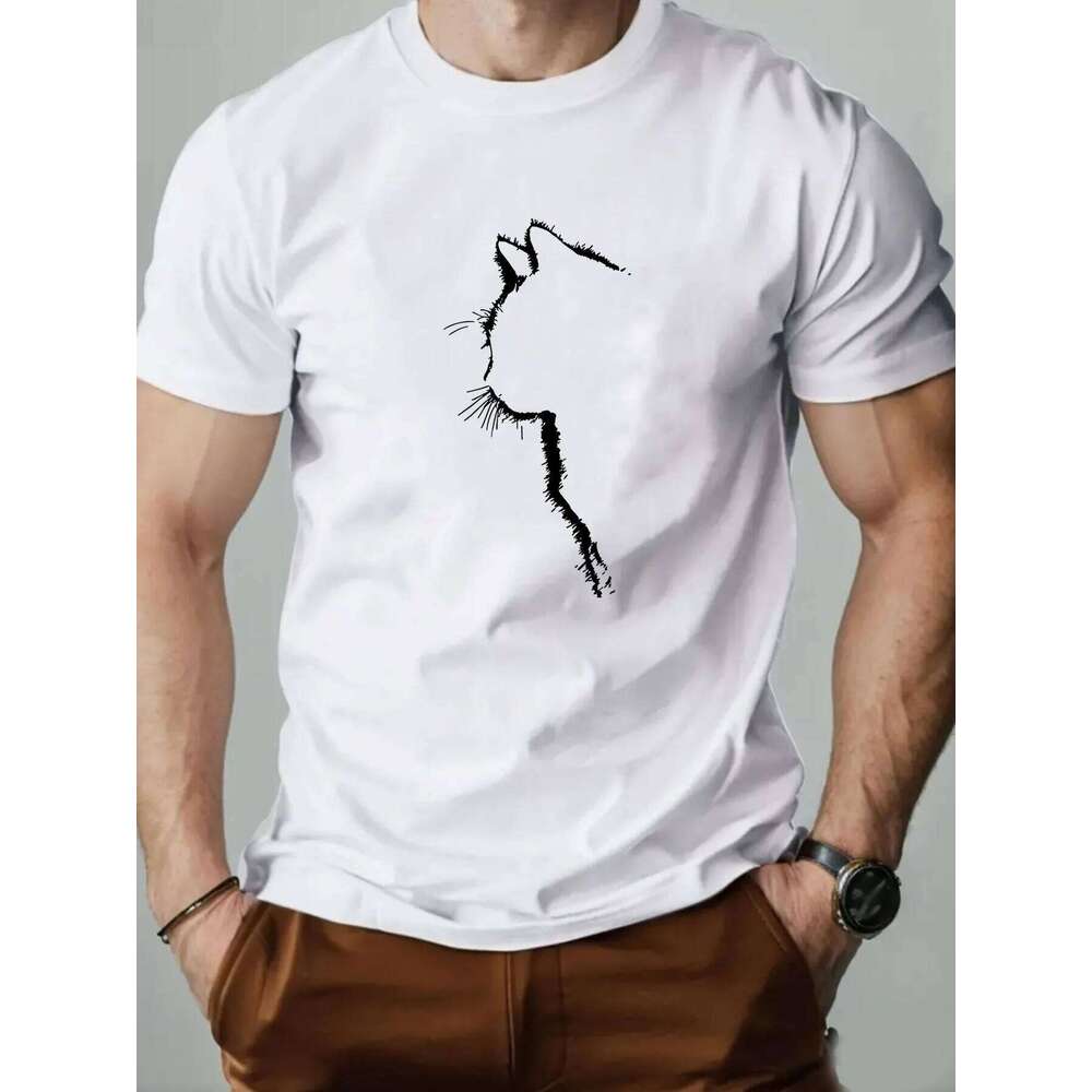 Men's 100% pure cotton fashionable casual loose sports cat side face pattern printed round neck short sleeved T-shirt top C260228 - view 3
