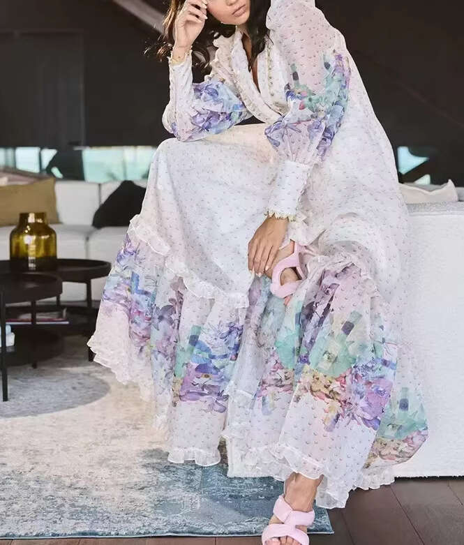 2026 early spring new niche retro palace a2 style deep V-neck lace up off shoulder printed vacation style long dress