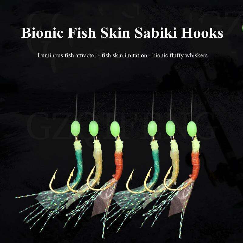 ZYZ Three-coloured Fishing Sabiki Fish Skin String Hooks 12# 14# 16# 18# 1Set 6Hooks With Luminous Bead Barbed Hook Z260228