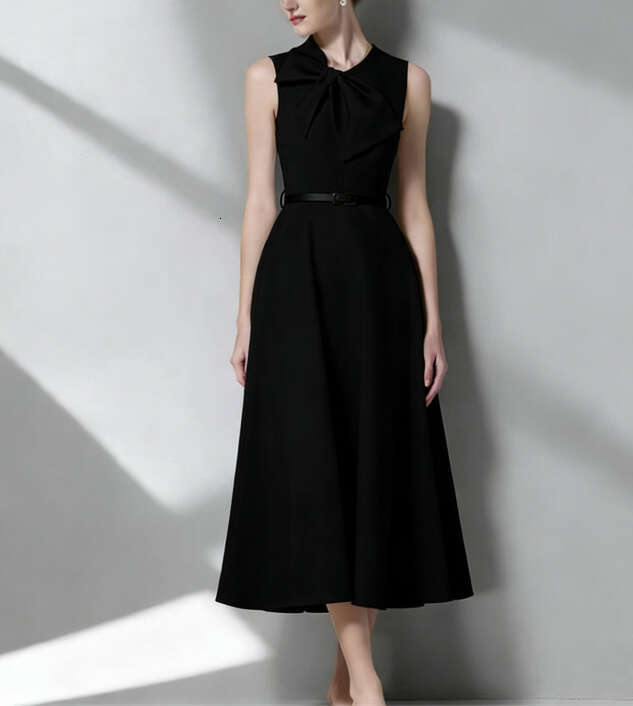 2026 niche a3 elegant gentle temperament commuting Hepburn style bow sleeveless waist tied long skirt solid color long skirt