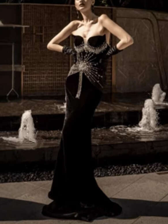 2026 New Women's European and American Fashion Luxury Rhinestone Sexy Strapless Waist Tight Tail Long Evening Dress