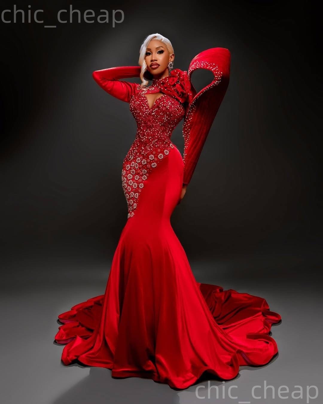 2k26 Red 2026 Prom Dress Mermaid Beaded Crystals Flowers Satin Stylish Evening Dresses For Black Women Birthday Party Formal Receiption Gowns Dresses 