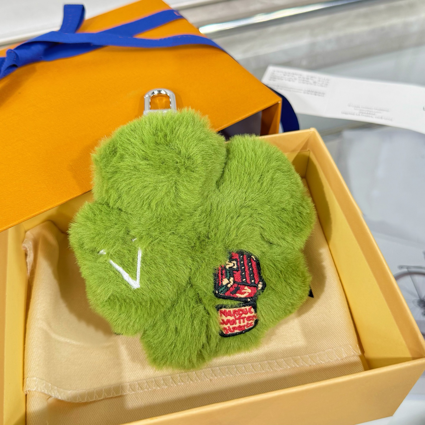 Green Fuzzy Four-Leaf Clover Bag Charm with Embroidered Patch & Silver Hardware Playful Daily Accessory Gift