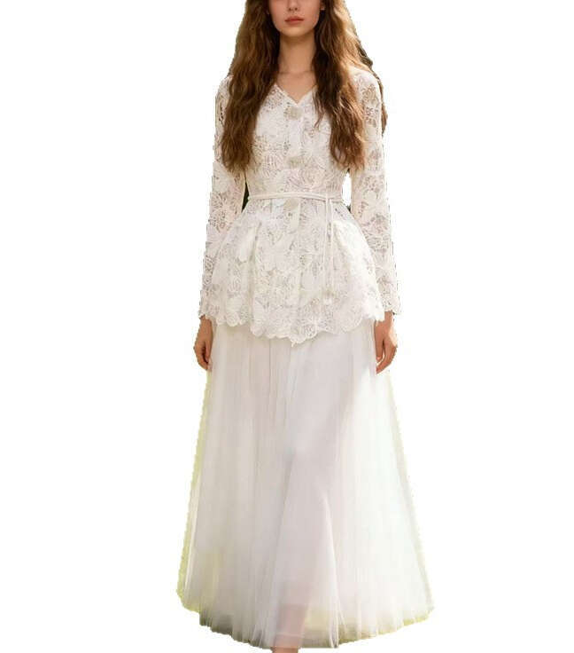 2026 Spring/Summer Elegant Ladies' Fairy like Hollow Butterfly Lace Open Knitted Woolen Sweater Folded Long Skirt Set
