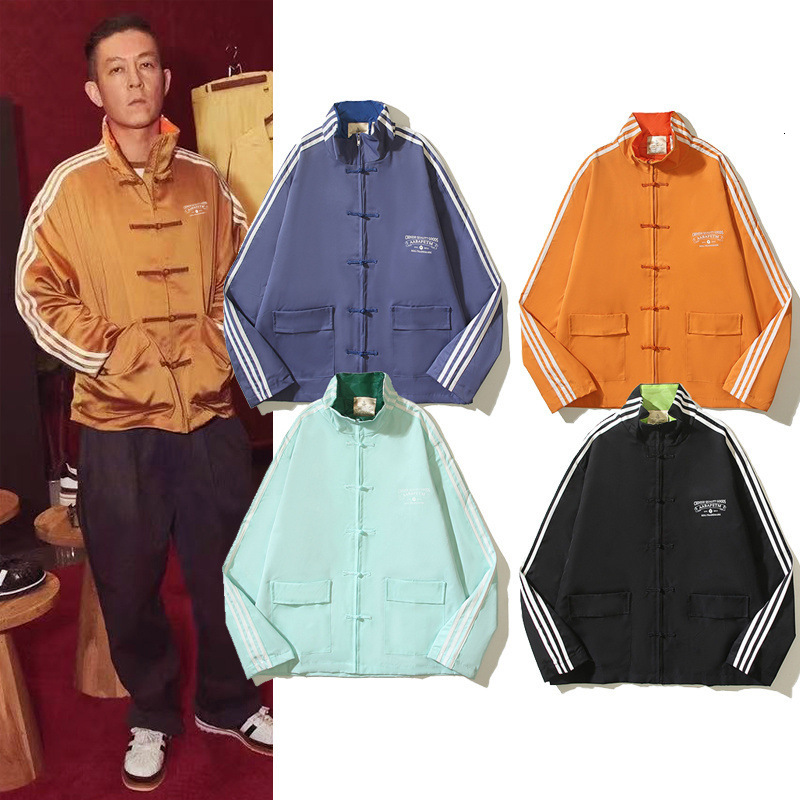 New Chinese-style three-stripe contrasting color stand-up collar button-down Tang suit jacket casual unisex jacket for both men and women