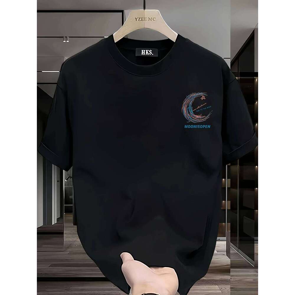 Men's 100% Cotton Graphic T-Shirt - Relaxed summer top with crescent star pattern, breathable crew neck, and relaxed fit C260228 - view 5