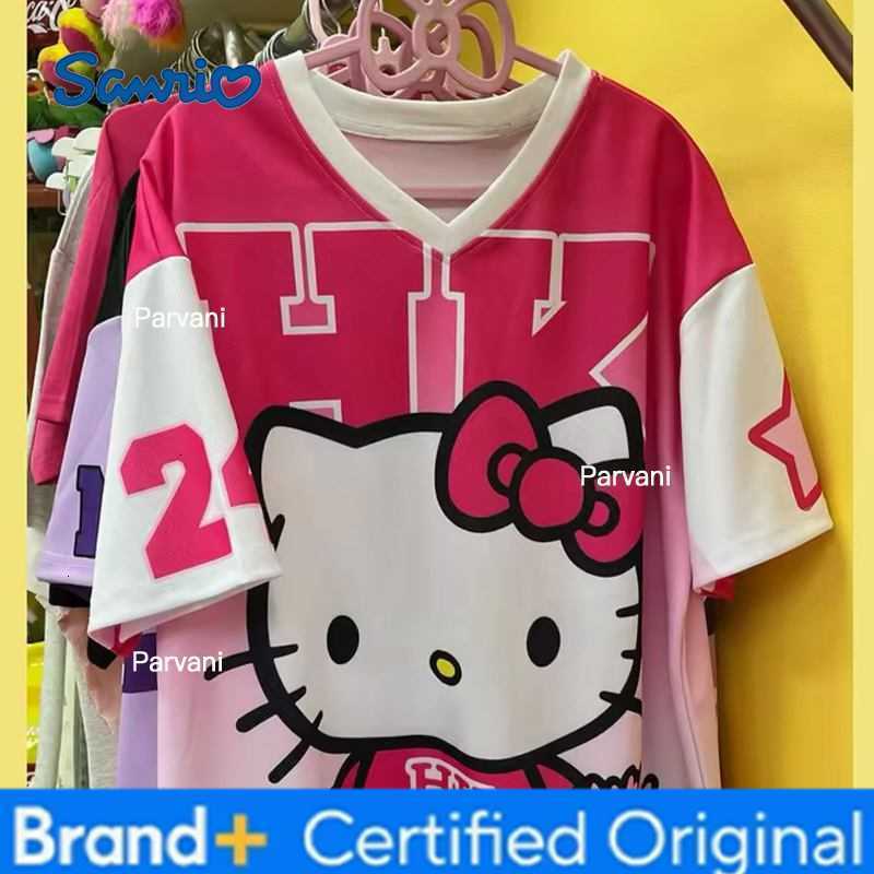 Sanrio 2026 Hello Kitty Tshirt Cartoon Sportswear Women Men V-neck Loose Casual Lightweight Breathable Streetwear Beach Tops H260228