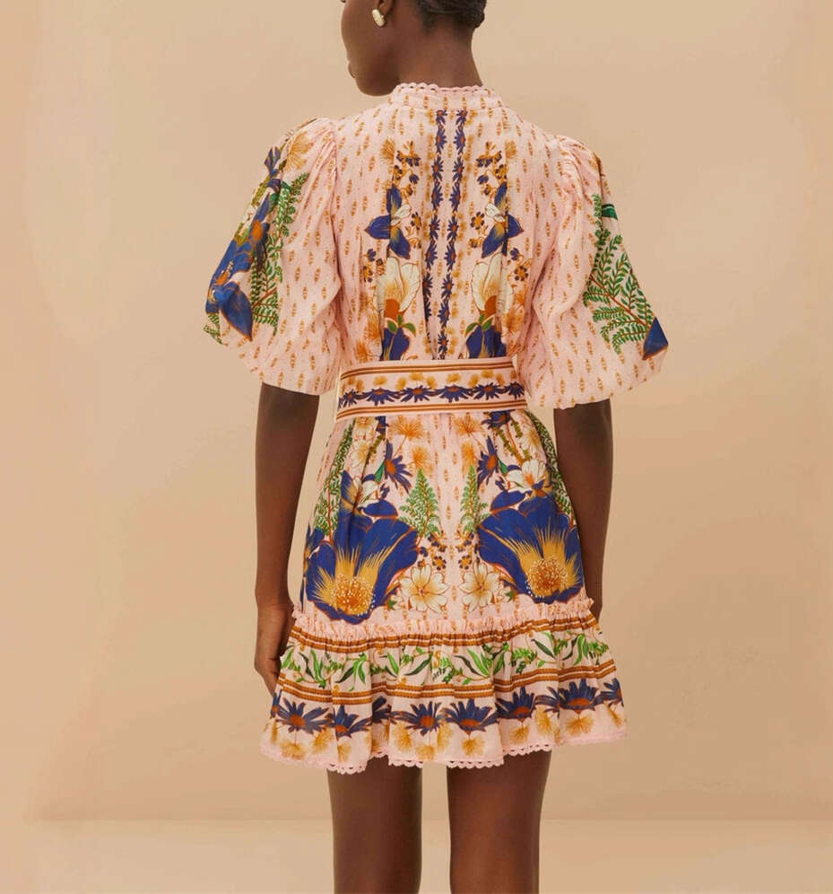 2026 a2 new women's niche design, painted printed bubble sleeves, sweet and loose tie dye short skirt