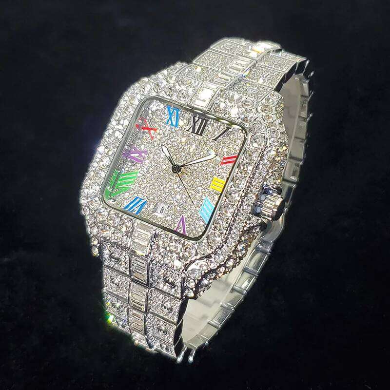 2025 New Luxury Diamond Watch Men Fashion Iced Out Square Colorful Number Watches Hip Hop Bling Jewelry Reloj Hombre for Party 26H0228
