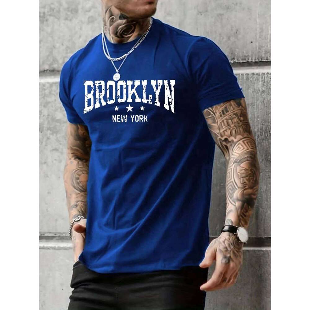 Men's 100% pure cotton summer casual loose Brooklyn New York letter printed comfortable round neck short sleeved T-shirt top C260228 - view 5