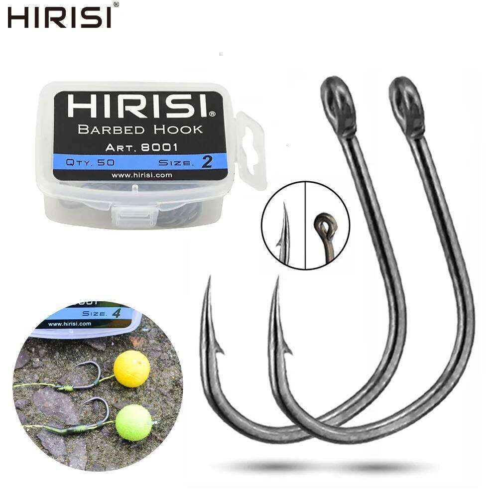 Hirisi 50pcs High Carbon Steel Carp Hooks Barbed Coated Eye Design Fishing accessories 8001 Z260228