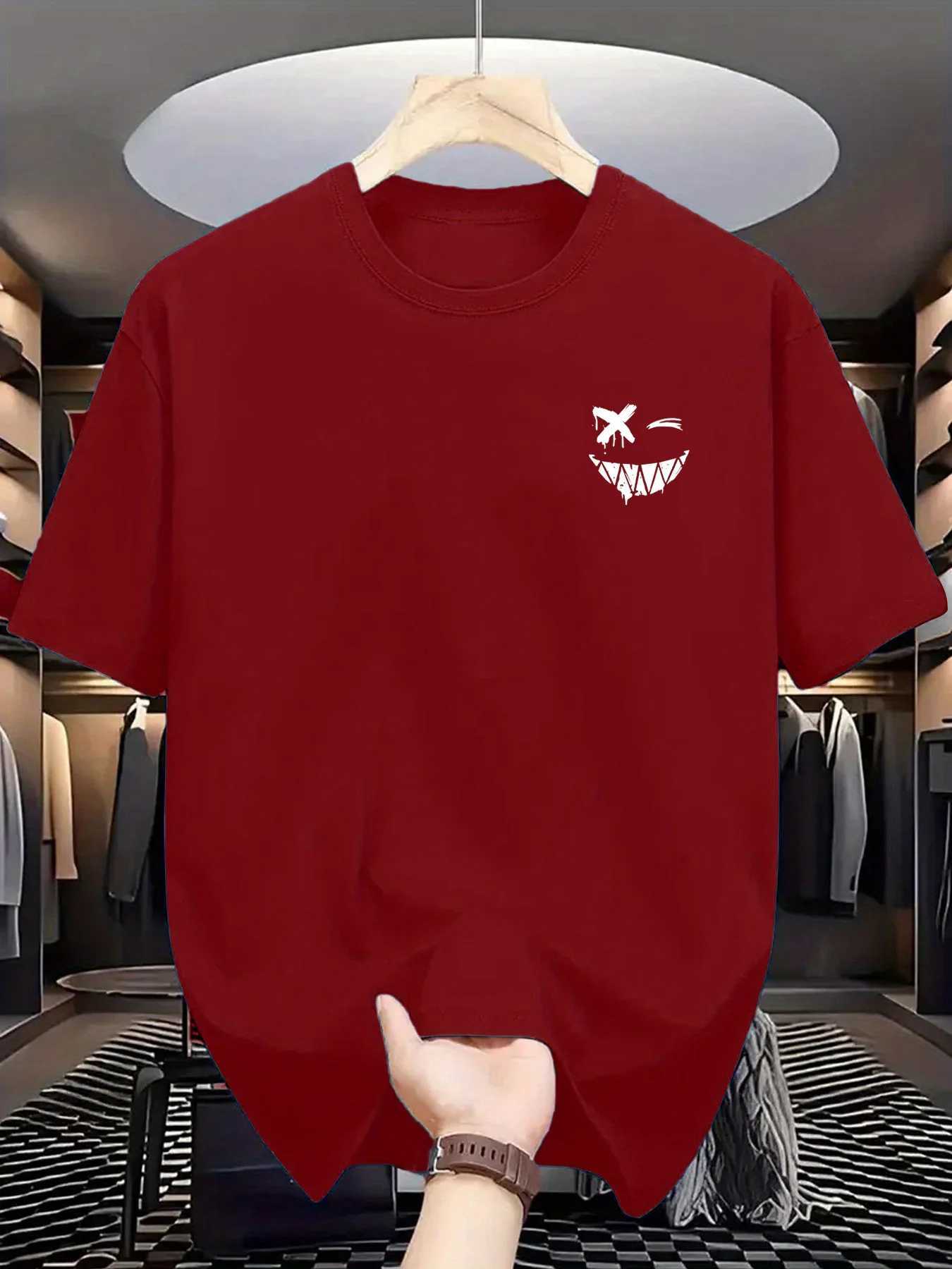 Men's 100% Cotton Smiley Face Print T-Shirt Summer Fashion Casual Loose Round Neck Short SleeveT260228