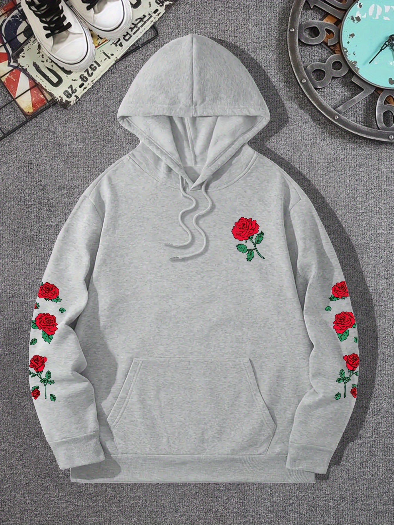 Luxury Brand Designer Clothes Foreign Trade New Printed Red Rose Drop Shoulder Sweatshirt Casual Street Style Unisex Pullover Loose Hoodie
