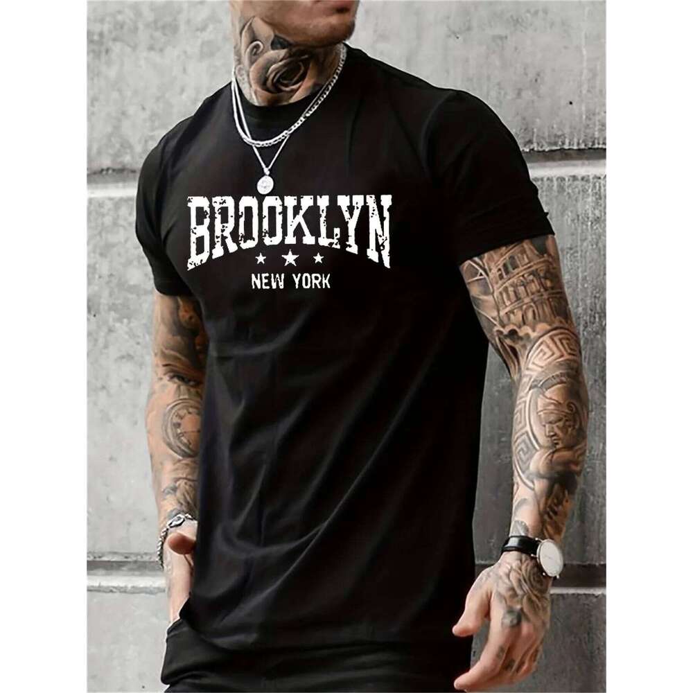 Men's 100% pure cotton summer casual loose Brooklyn New York letter printed comfortable round neck short sleeved T-shirt top C260228 - view 3
