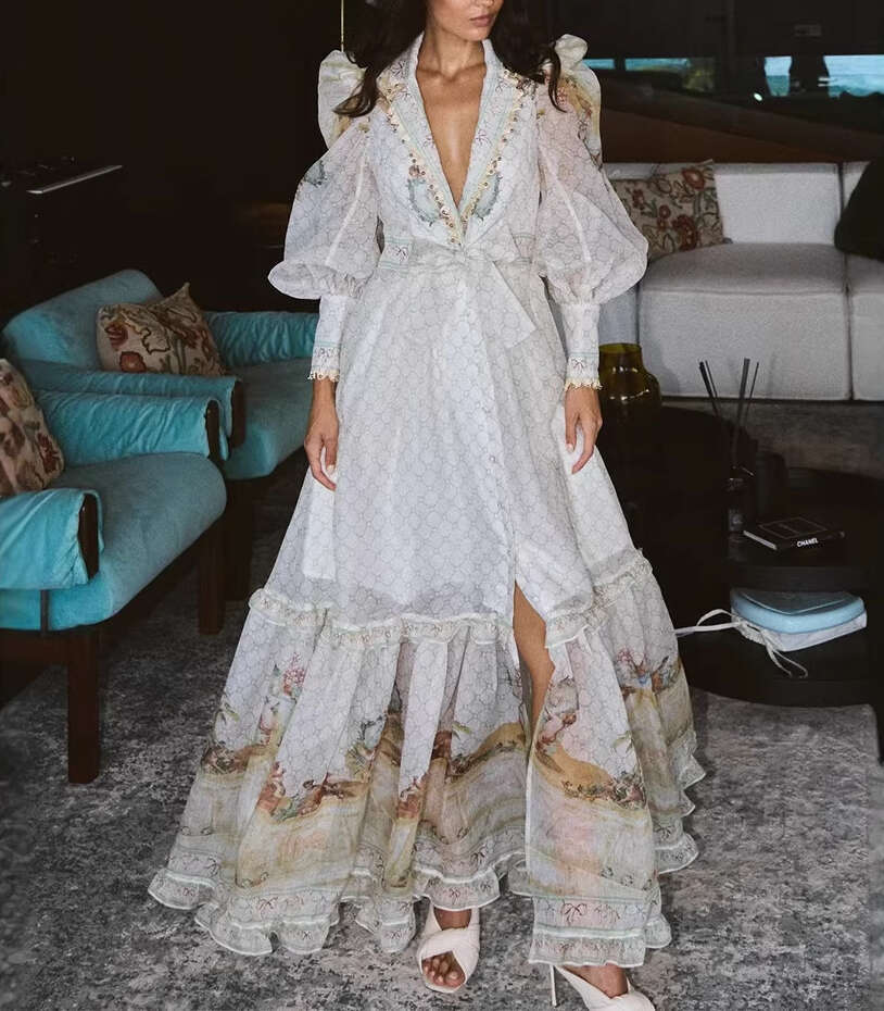 2026 early spring new niche retro palace a2 style deep V-neck lace up off shoulder printed vacation style long dress