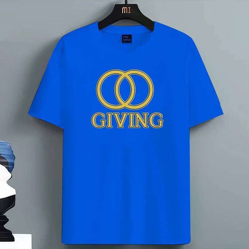 For Men's Round Neck Short Sleeve Cotton Oversized T-Shirt with Gold Double Ring "GIVING" Graphic Print Casual Summer Top C260228 - view 6