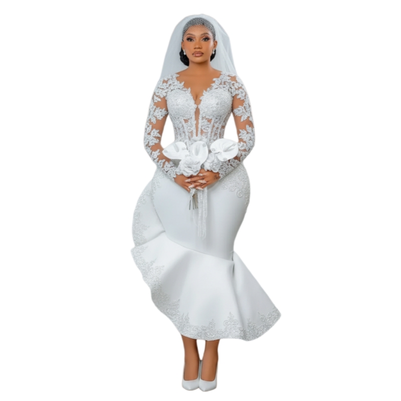 Modern Aso Ebi Mermaid Wedding Dresses Tea Length Lace Appliques Long Sleeves V-neck White Satin Bridal Gowns Back Lace-Up V-neck Civil Bride Dress - view 4