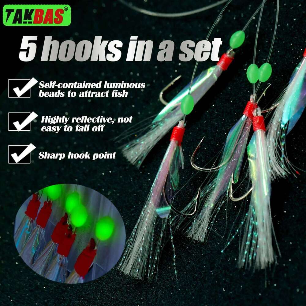 TAKBAS Sabiki Fish Hook, 1/2/4/6 Pack, White, High Carbon Steel, with Glow-in-the-Dark Treble Hooks, for Salmon, Mackerel, Z260228