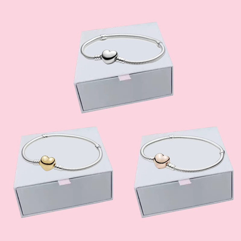 Luxury Designer Heart Bracelets 3mm Snake Chain Women Authentic fits pan s925 Sterling Silver Charms Birthday Christmas Gifts Jewelry BR101