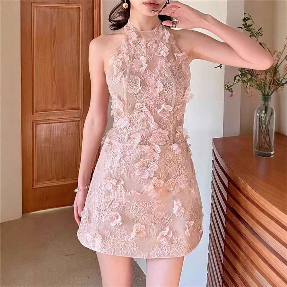 Summer 2026 niche design goddess sexy backless, shoulder less, sleeveless A1 3D floral lace short skirt