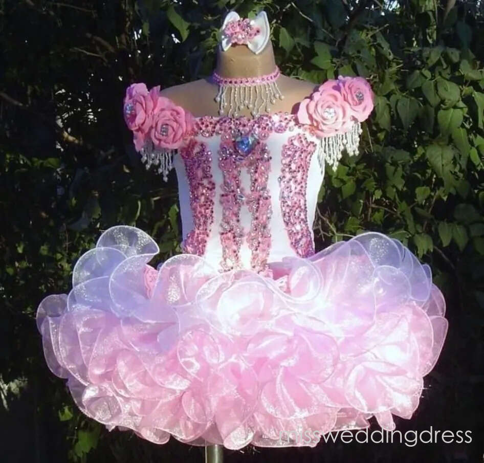 Designer Pink Lovley Cupcake Pageant Dresses Beads Sequined Crystals Flower Girls Dress for Wedding Party Birthday Gowns F15