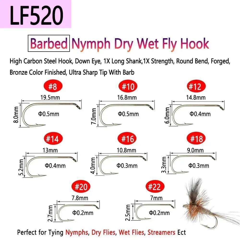 Bimoo 100PCS 1#~22# Barbed & Barbless High Carbon Steel Fly Tying Dry Wet Nymph Pupae Caddis Streamer Flies Fishing Hook Z260228