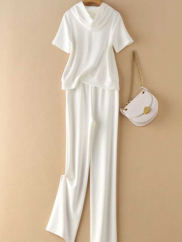 Women's Early Spring Slimming Two Piece Set, Stylish Short Sleeve Sports Top & Wide Leg PantsT260228