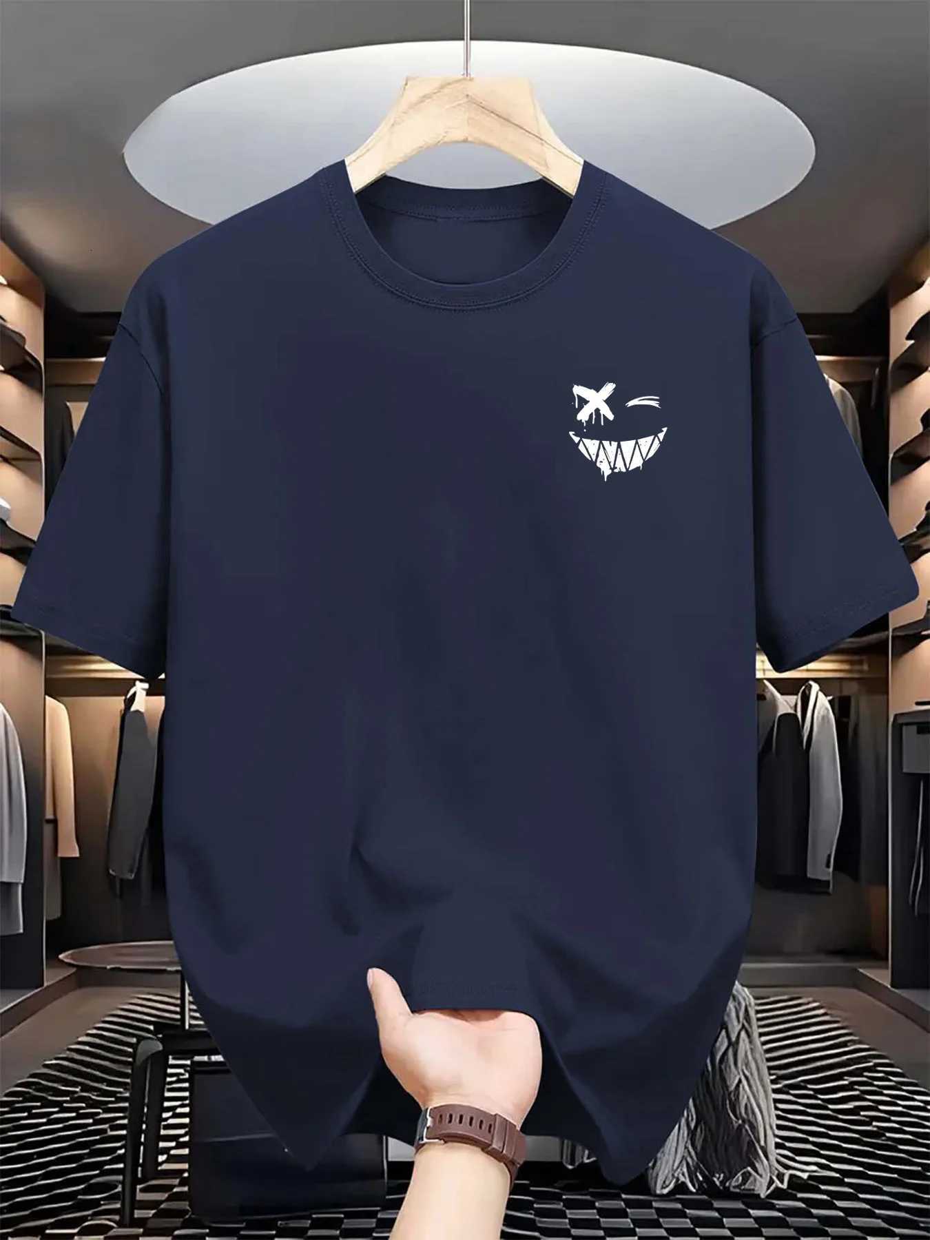 Men's 100% Cotton Smiley Face Print T-Shirt Summer Fashion Casual Loose Round Neck Short SleeveT260228