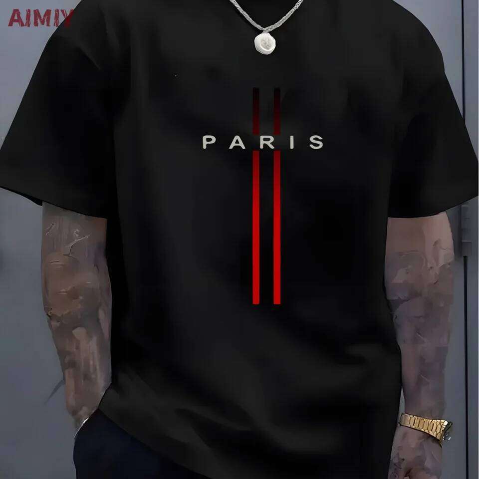 Summer Men's Top Casual Loose Fit Oversized T-shirt PARI Letter Pattern Printed Round Neck Short Sleeved Homme Vtement C260228 - view 6