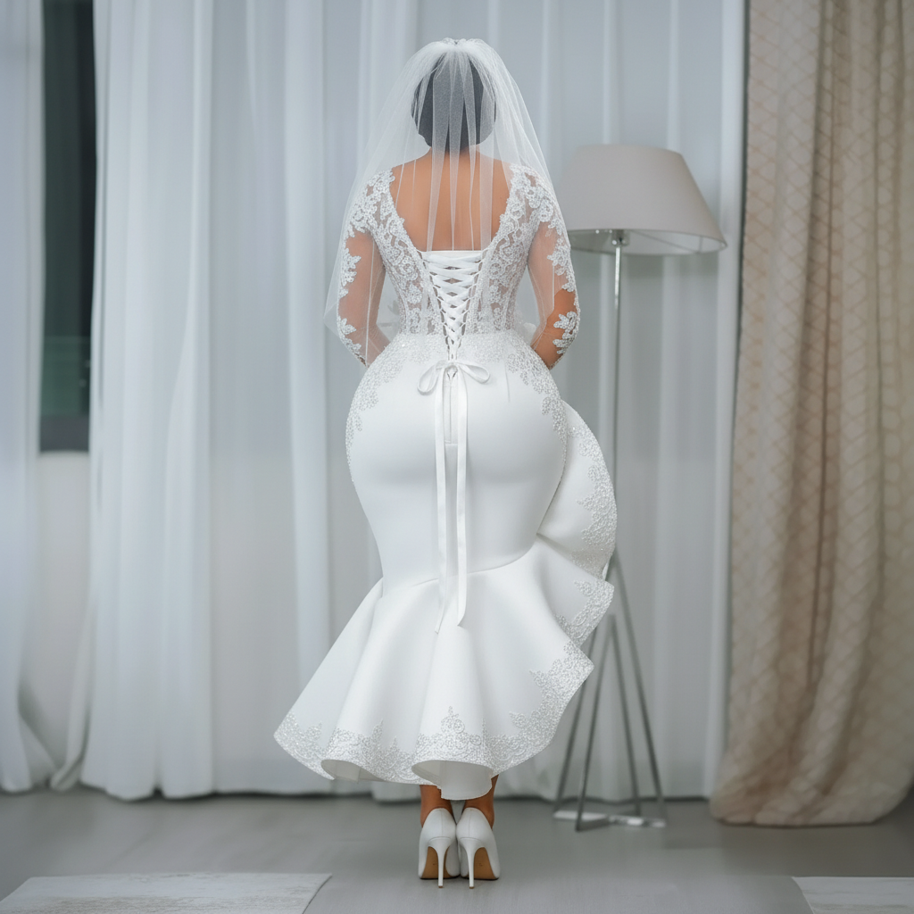 Modern Aso Ebi Mermaid Wedding Dresses Tea Length Lace Appliques Long Sleeves V-neck White Satin Bridal Gowns Back Lace-Up V-neck Civil Bride Dress - view 3