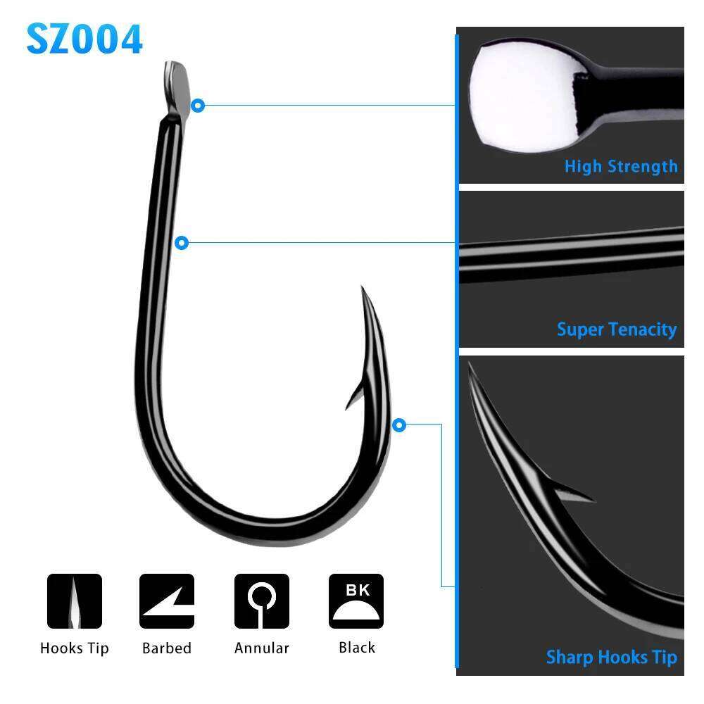 200pcs/lot 1#-15# Fishing Tackle Black Color Jig Big Treble Hooks SZ004 Single Hook Z260228